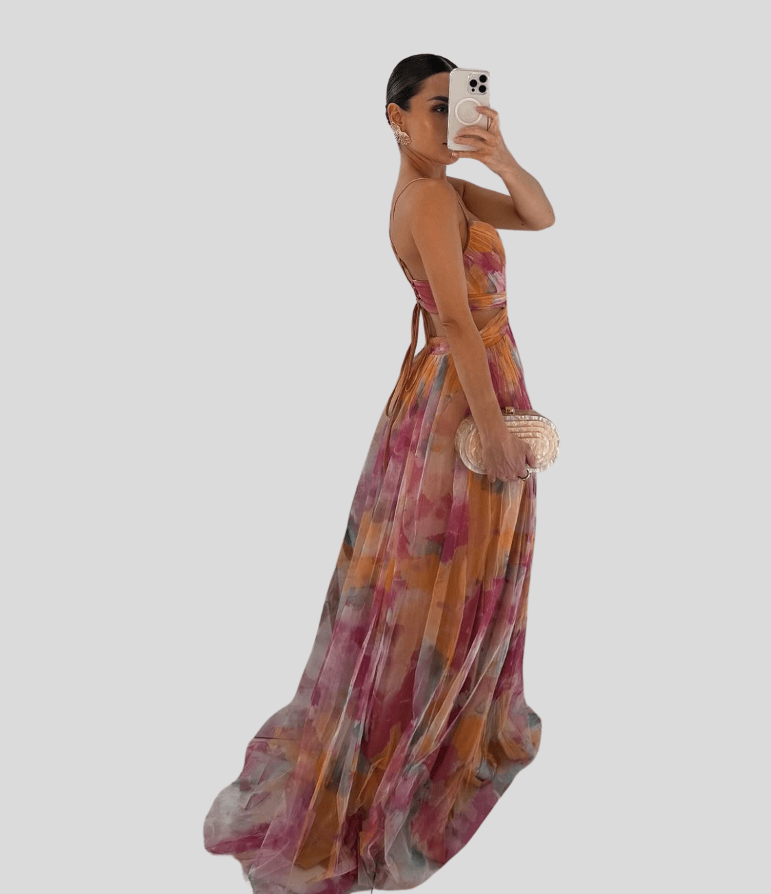 Floral maxi dress with ruffled straps, square neckline, multicolor abstract floral pattern.