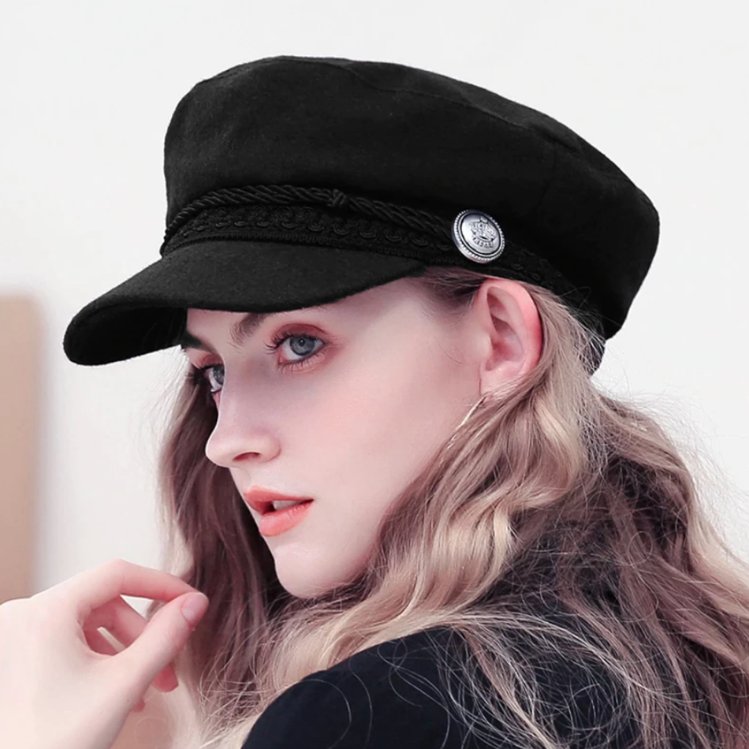 Black peaked cap with braided trim and round metal badge, worn by model