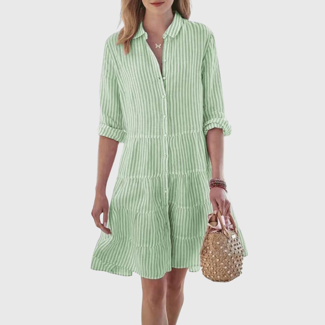 Green striped tiered button-front dress with collared neckline and 3/4 sleeves