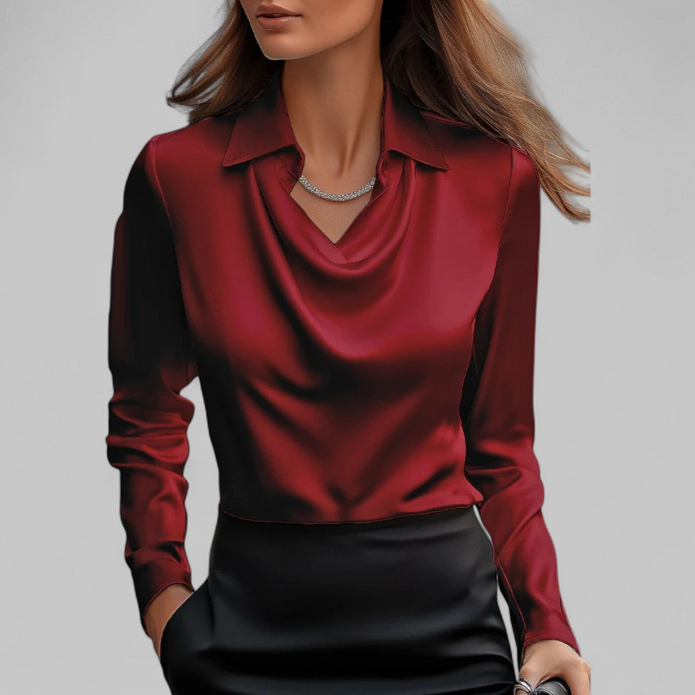 Silk blouse with draped V-neck and tailored fit, satin sheen, long sleeves, red