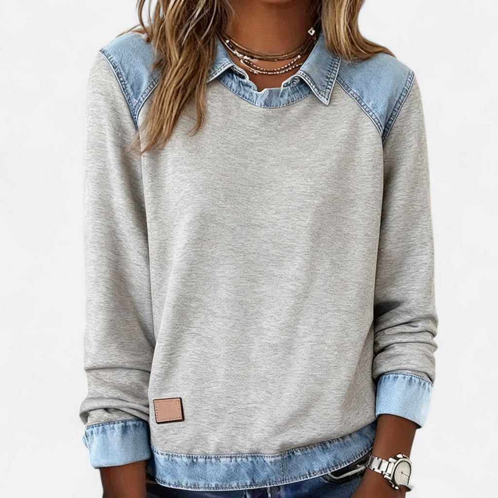 Women's heather gray sweater with denim-look collar and side hem detail