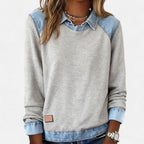 Women's heather gray sweater with denim-look collar and side hem detail