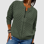 Lightweight open-knit full-zip cardigan in green with zip front and ribbed cuffs