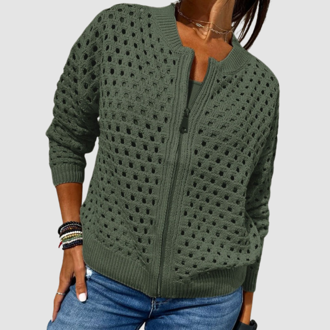 Lightweight open-knit full-zip cardigan in green with zip front and ribbed cuffs