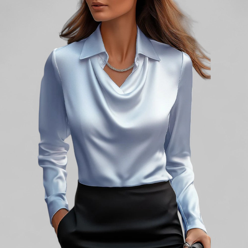 Silk blouse with draped V-neck and tailored fit, satin sheen, long sleeves, blue