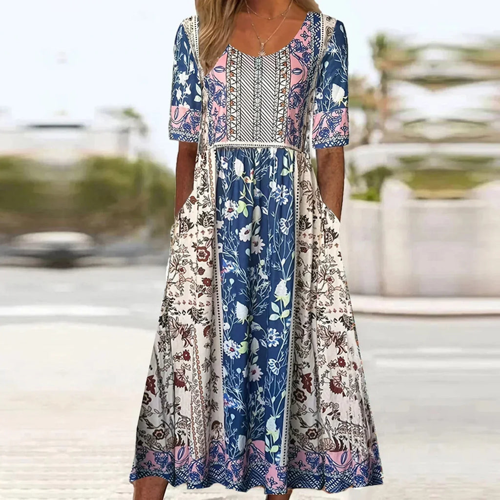 Boho print midi dress with short sleeves and patchwork-style floral panels