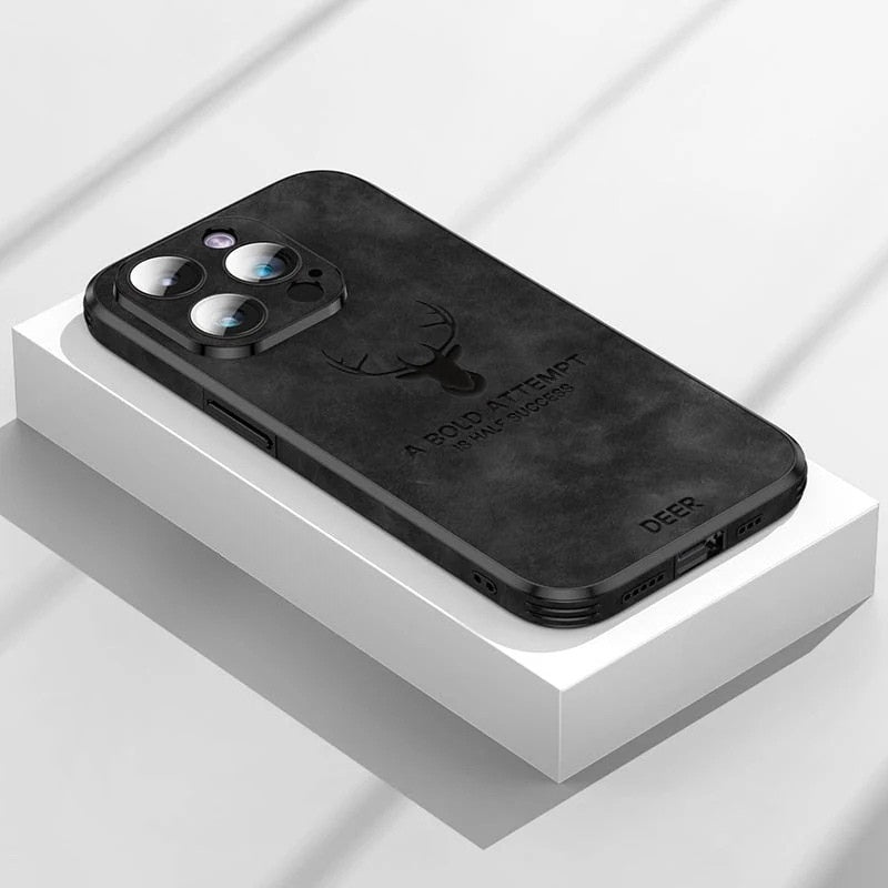 Deer leather iPhone case in black with camera cutouts and deer emblem on the back.