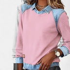 Women's pink sweater with denim-look layered collar and long sleeves