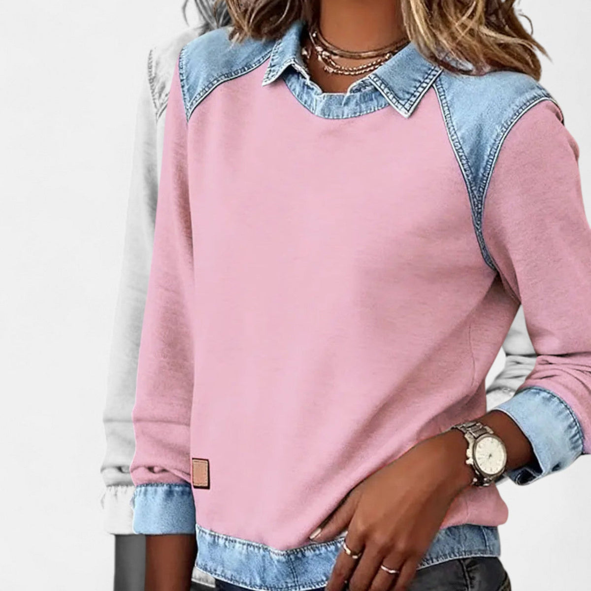 Women's pink sweater with denim-look layered collar and long sleeves