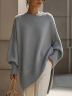 Oversized poncho sweater with ribbed crew neckline, dusty blue-gray