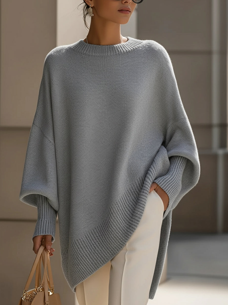 Oversized poncho sweater with ribbed crew neckline, dusty blue-gray