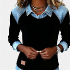 Women's black sweater with denim-look layered collar and long sleeves