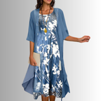 Blue layered open-front midi dress with floral print underlayer, 3/4 sleeves