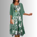 Green floral printed layered midi dress with draped elbow-length sleeves