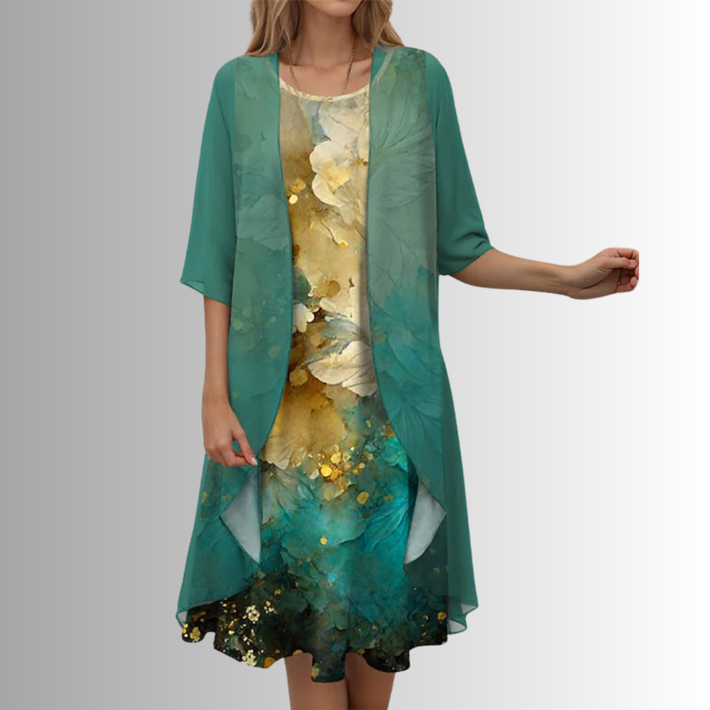 Green layered open-front midi dress with floral print underlayer and sheer overlay