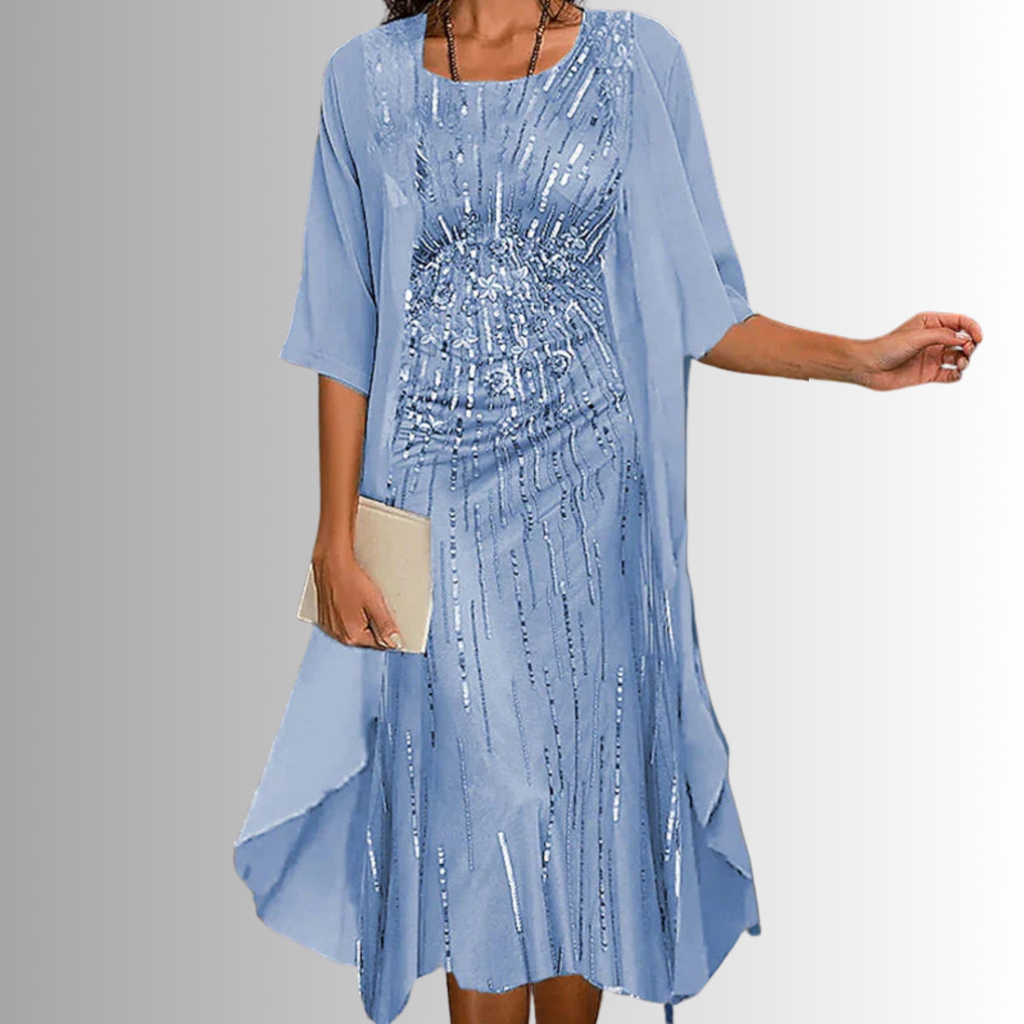 Blue sequin front layered midi dress with draped elbow-length sleeves