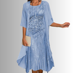 Blue sequin front layered midi dress with draped elbow-length sleeves