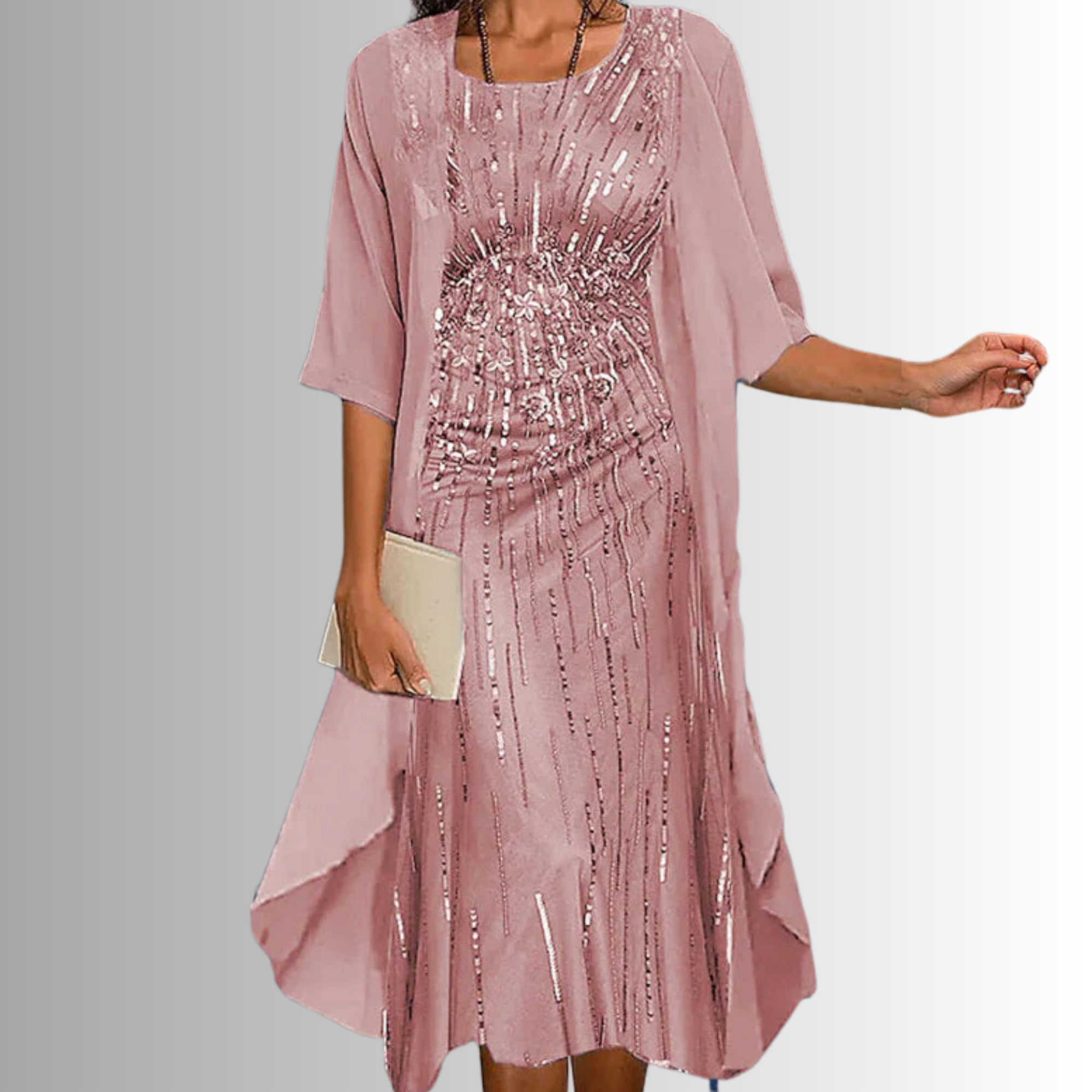 Pink sequin front layered midi dress with draped elbow-length sleeves