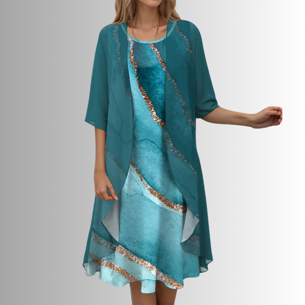 Green layered open-front midi dress with floral print underlayer, ruffled hem