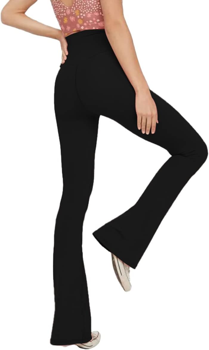 Black high-waisted flared leggings with bootcut leg openings