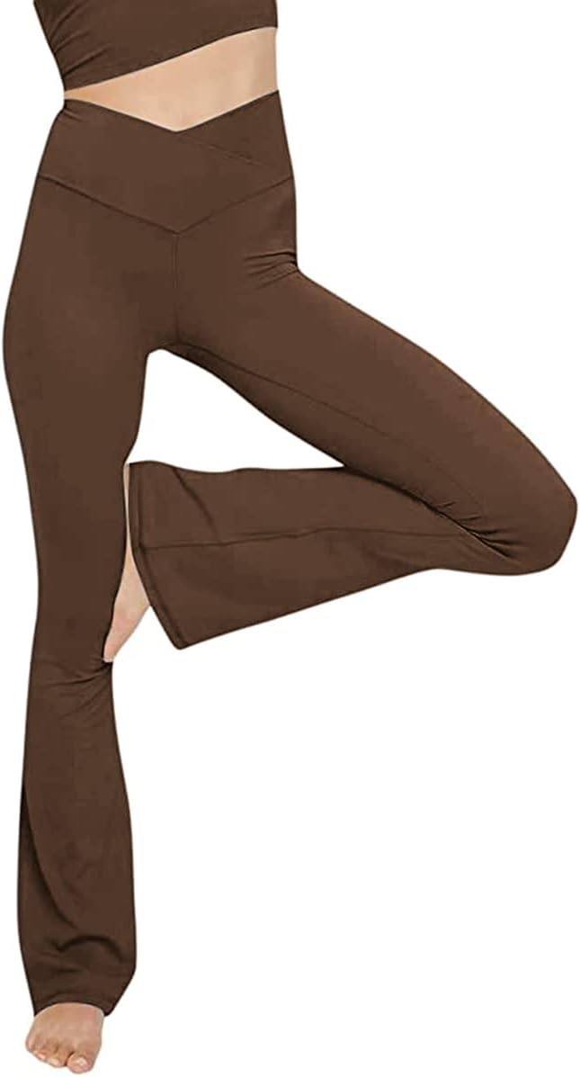 Brown high-waist yoga leggings with V-shaped waist and flared bootcut legs