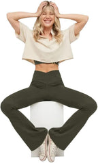 High-waisted flared yoga leggings in olive green with V-shaped waistband and wide bootcut legs
