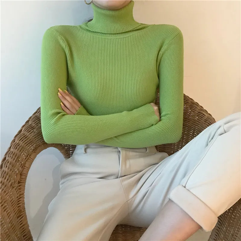 Light green ribbed turtleneck sweater with long sleeves and a fitted high neck.