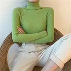 Light green ribbed turtleneck sweater with long sleeves and a fitted high neck.