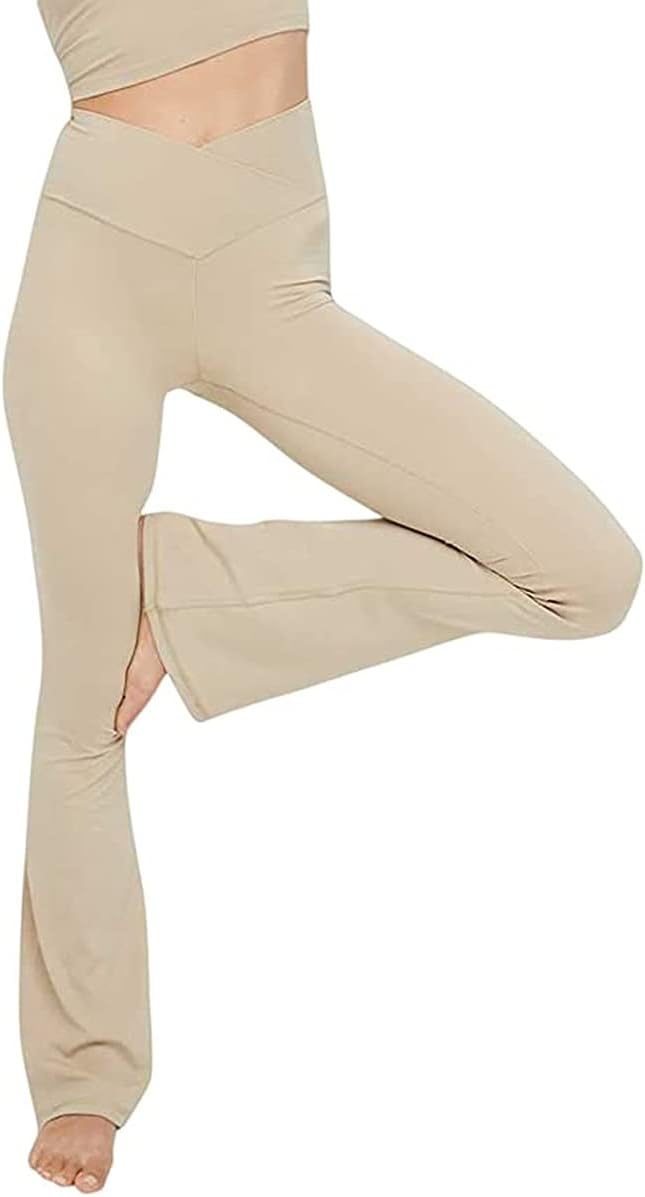 Beige high-waist yoga leggings with V-shaped waist and flared bootcut legs
