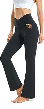 High-waisted flared yoga leggings with side phone pocket, black bootcut pants