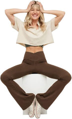 High-waisted flared yoga leggings in brown with V-shaped waistband and wide bootcut legs