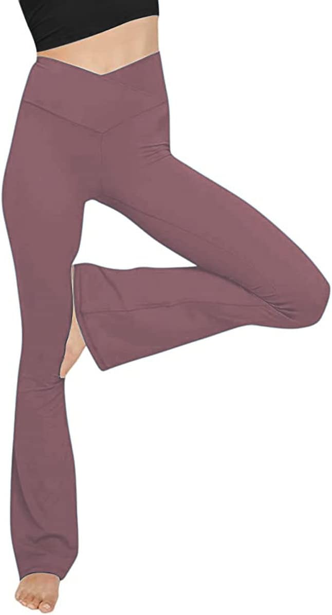 Purple high-waist yoga leggings with V-shaped waist and flared bootcut legs