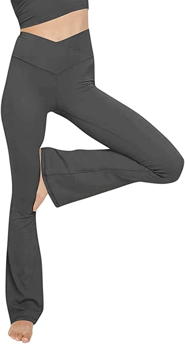 Dark gray high-waist yoga leggings with V-shaped waist and flared bootcut legs