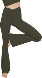 Olive green high-waist yoga leggings with V-shaped waist and flared bootcut legs
