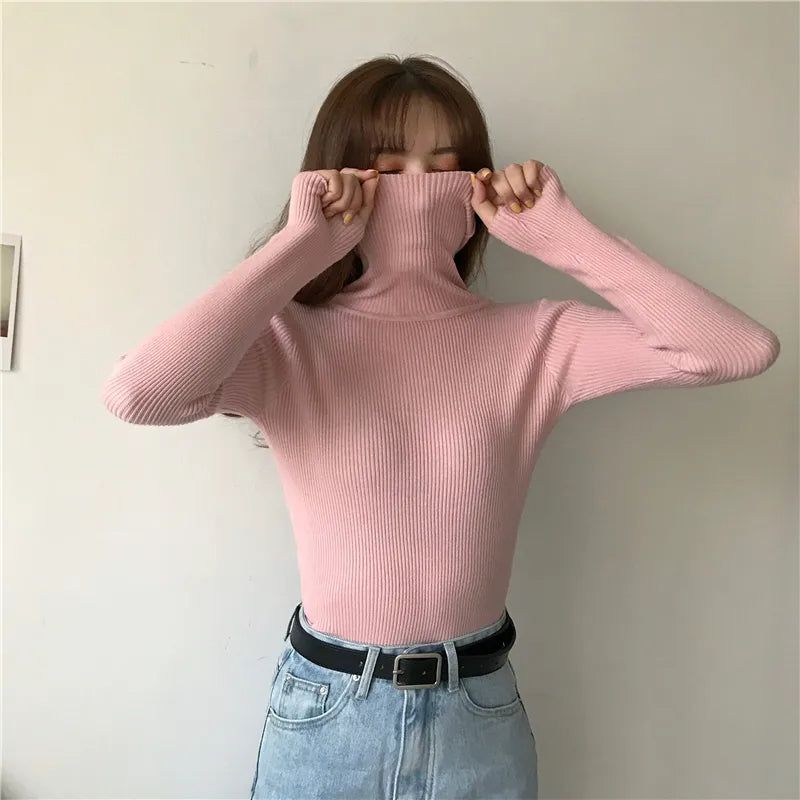 Dusty pink ribbed turtleneck sweater with long sleeves and a fitted high neck.