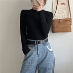 Black ribbed turtleneck sweater with long sleeves and a high neckline.
