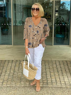 Women's three-quarter sleeve blouse, khaki with blue floral print and button front