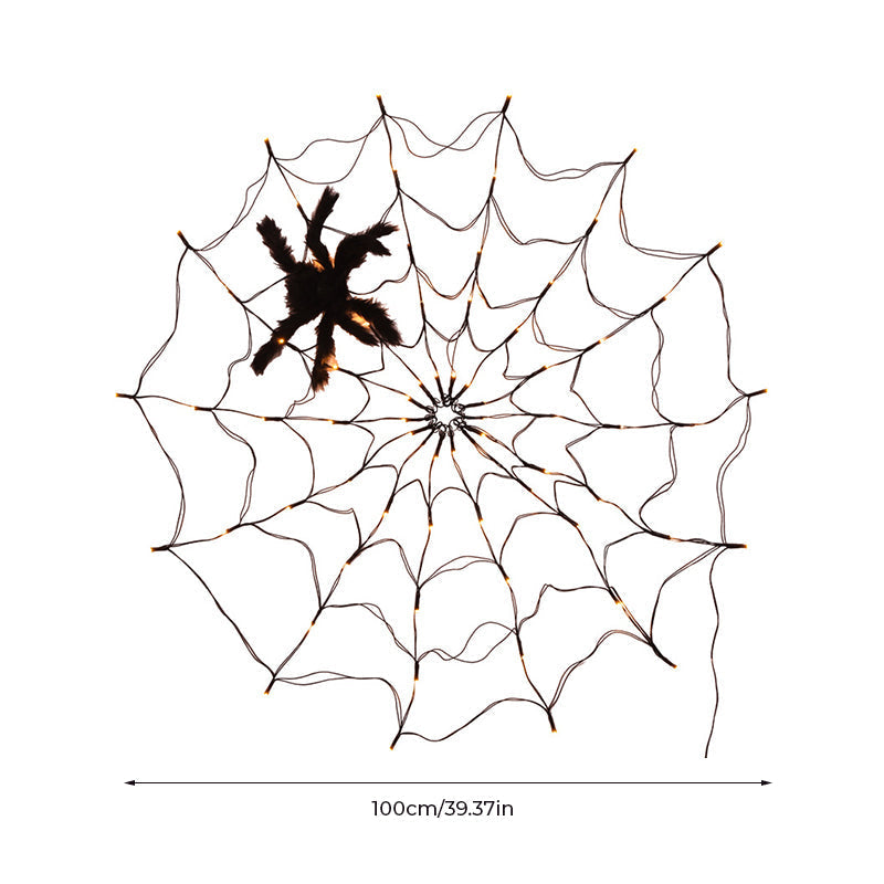 Black spiderweb LED decoration with warm glowing lights and black spiders, 100 cm