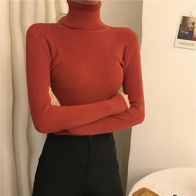 Rust red ribbed turtleneck sweater with long sleeves and a high, fitted collar.