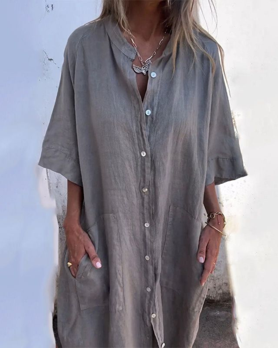 Grey button-front shirt dress with chest pocket, short sleeves and straight hem