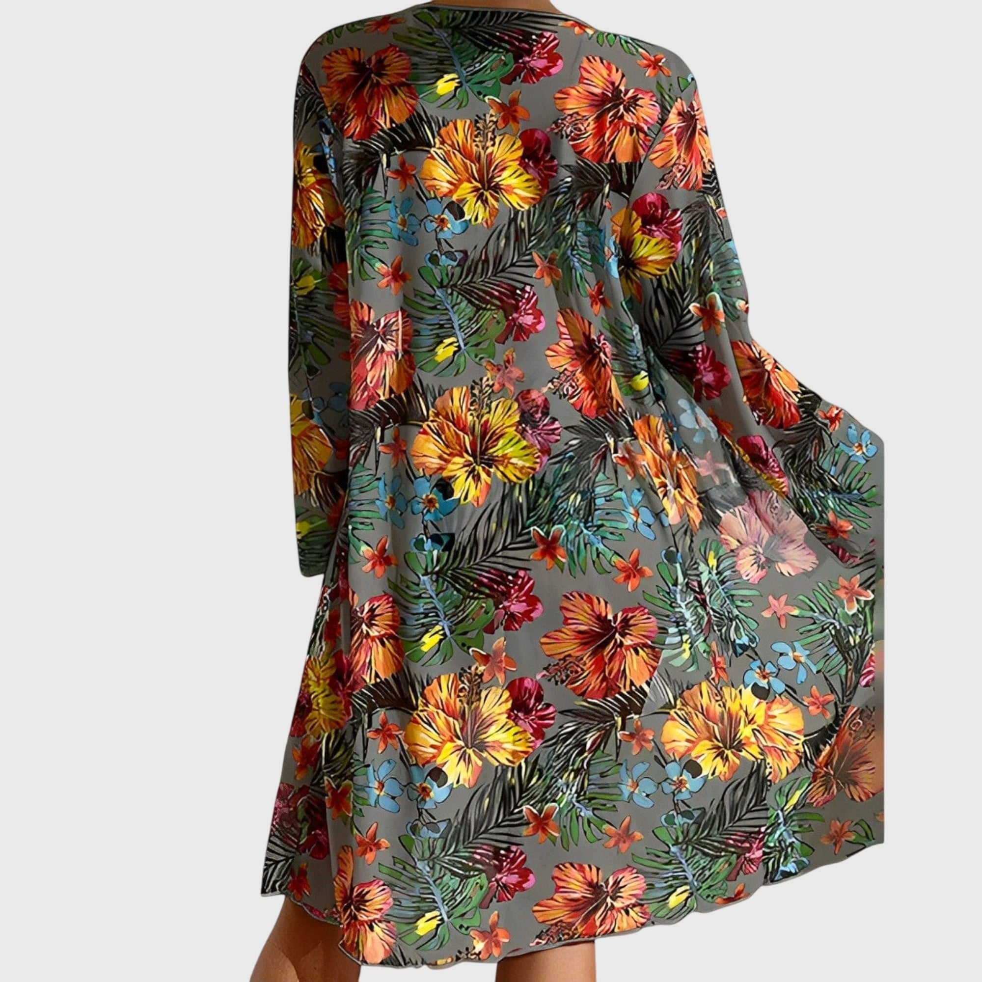 Multicolor floral cover-up over halter bikini top and high-waist bikini briefs