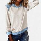 Women's light gray sweater with denim-look yoke collar and cuffed sleeves