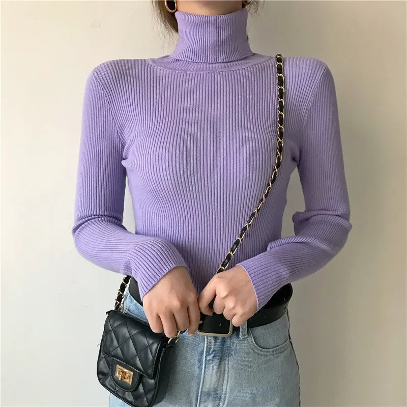 Lavender ribbed long-sleeve turtleneck sweater