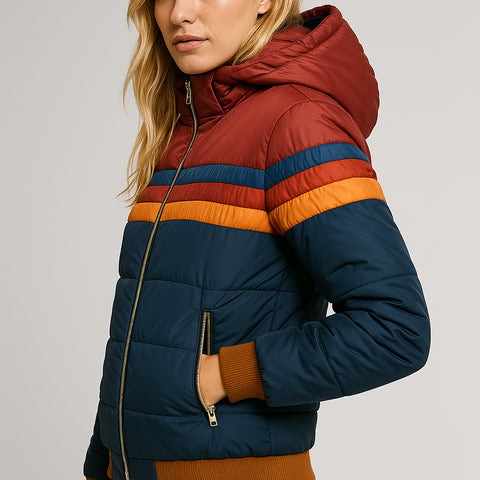 Waterproof rain coat side view with hood and zip, rainbow striped bands, padded teal-blue body