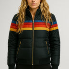 Waterproof rain coat front view with zip front, striped chest bands, dark padded fabric
