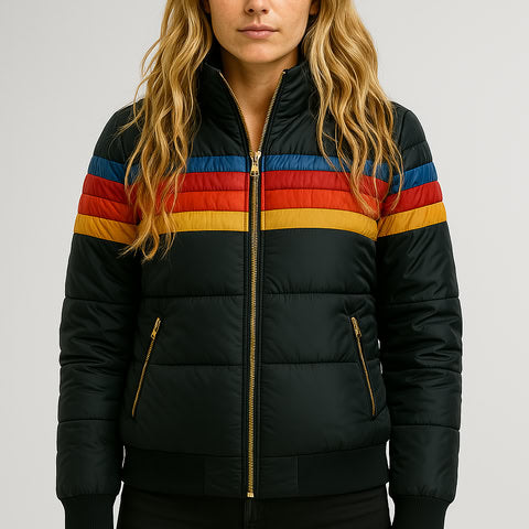 Waterproof rain coat front view with zip front, striped chest bands, dark padded fabric