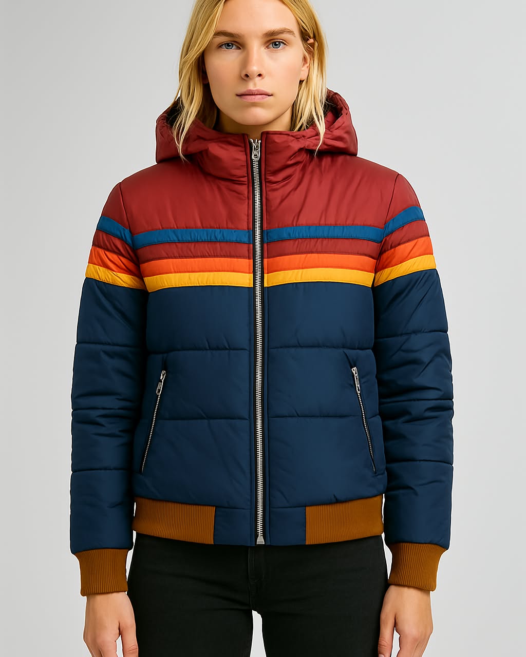 Waterproof rain coat front view with zip front, hood, rainbow striped bands, navy-blue body