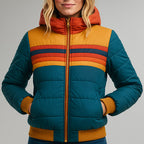 Waterproof rain coat front view with zip front and striped bands, teal-blue padded jacket