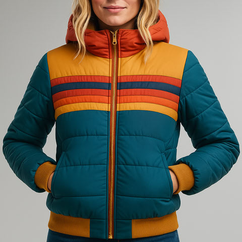 Waterproof rain coat front view with zip front and striped bands, teal-blue padded jacket