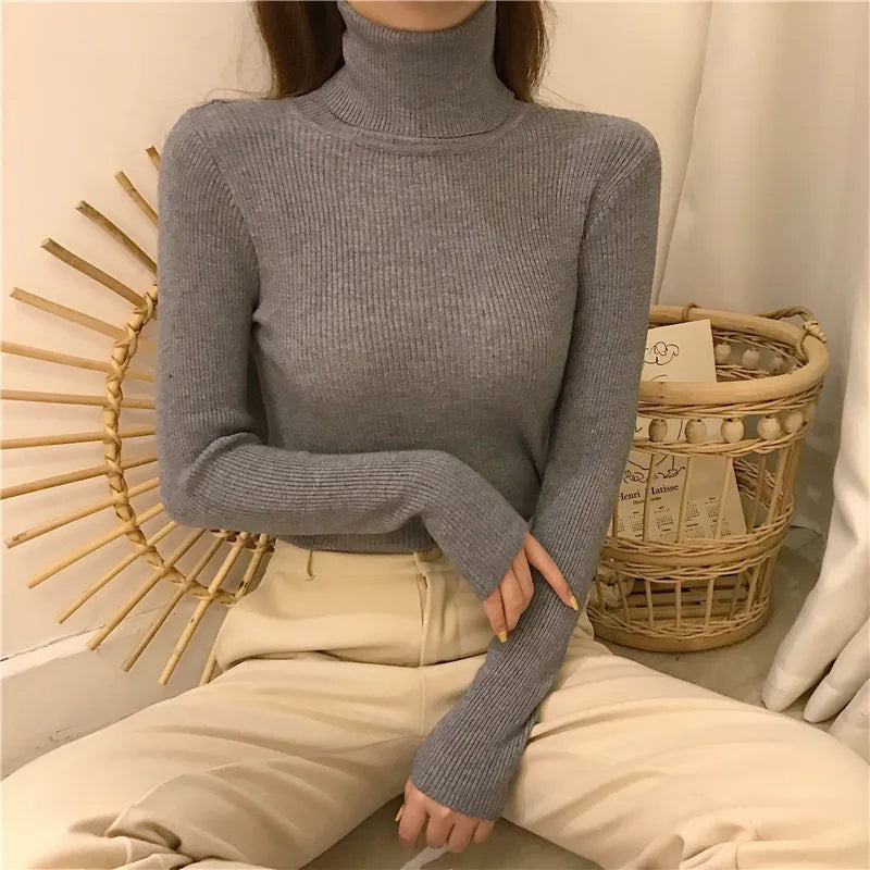 Gray ribbed long-sleeve turtleneck sweater with high neck